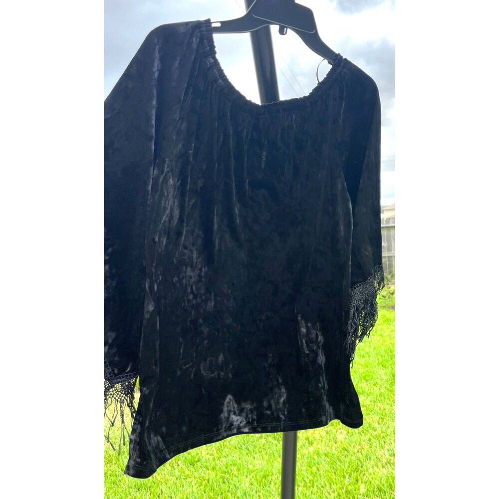 Melissa Paige Black Crushed Velvet Fringe Crochet Lace Top
